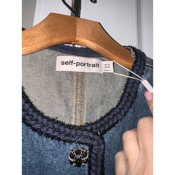 Self-Portrait Denim Jacket Cropped Embellished Buttons Pockets Blue 10 - Picture 9 of 12